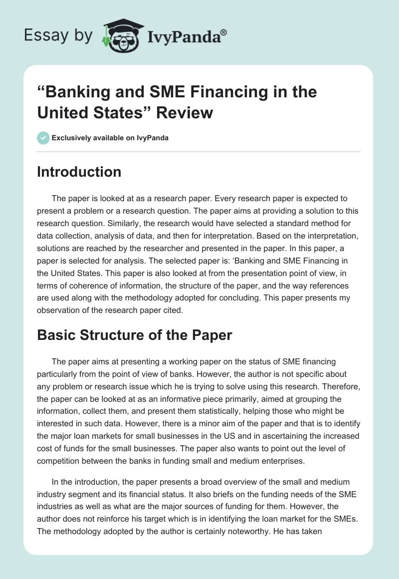 “Banking and SME Financing in the United States” Review. Page 1
