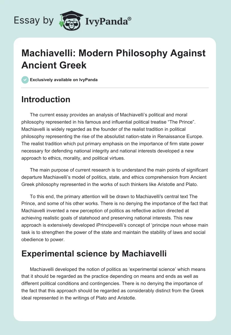 Machiavelli: Modern Philosophy Against Ancient Greek. Page 1