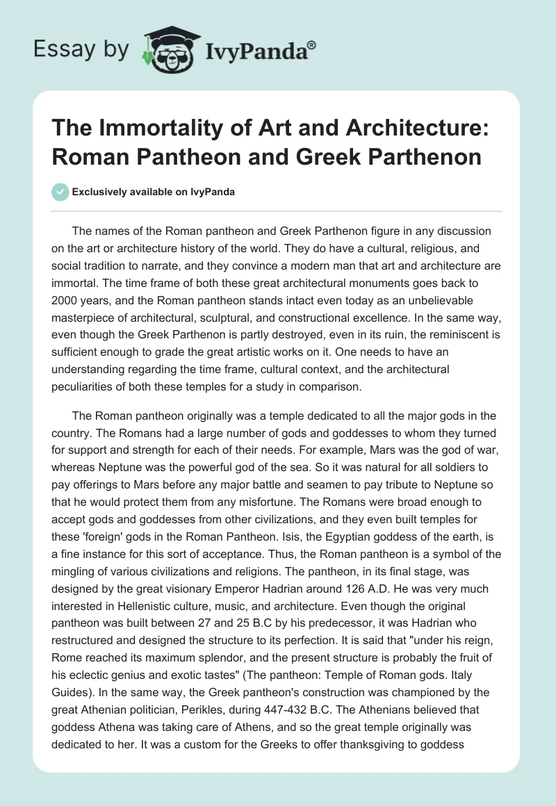 The Immortality of Art and Architecture: Roman Pantheon and Greek Parthenon. Page 1