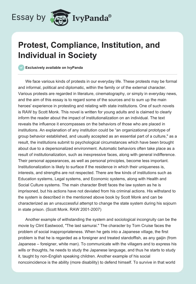Protest, Compliance, Institution, and Individual in Society. Page 1