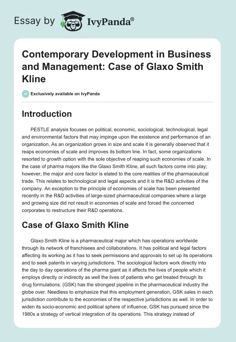Contemporary Development in Business and Management: Case of Glaxo Smith Kline. Page 1