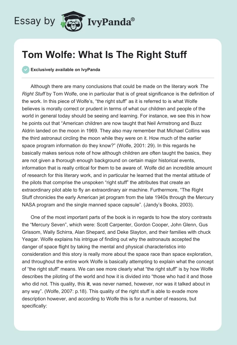 Tom Wolfe: What Is "The Right Stuff". Page 1