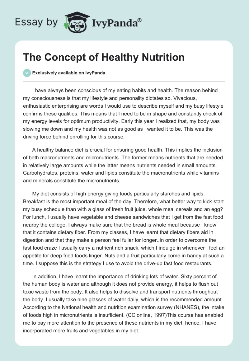 The Concept of Healthy Nutrition. Page 1