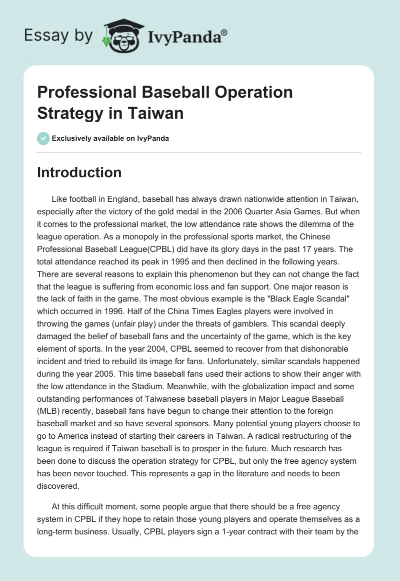 Professional Baseball Operation Strategy in Taiwan. Page 1