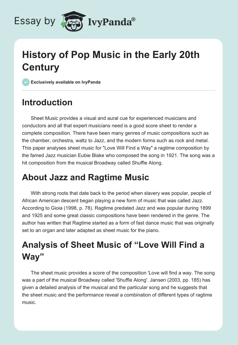 History of Pop Music in the Early 20th Century. Page 1