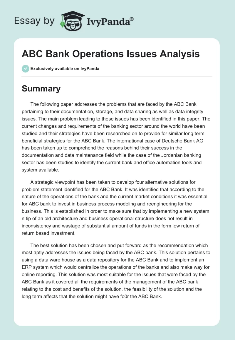 ABC Bank Operations Issues Analysis. Page 1