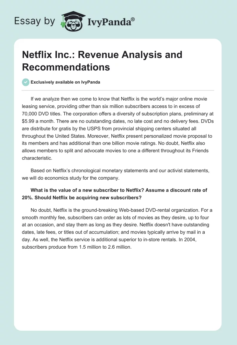 Netflix Inc.: Revenue Analysis and Recommendations. Page 1