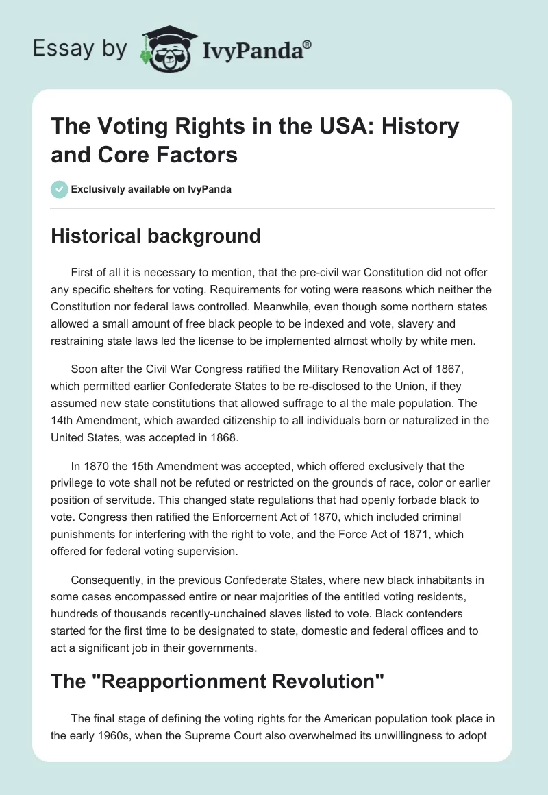 The Voting Rights in the USA: History and Core Factors. Page 1