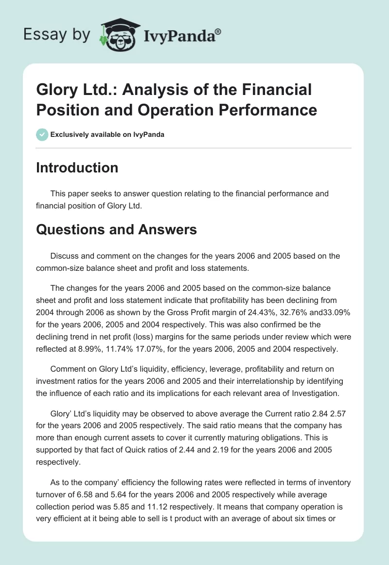 Glory Ltd.: Analysis of the Financial Position and Operation Performance. Page 1