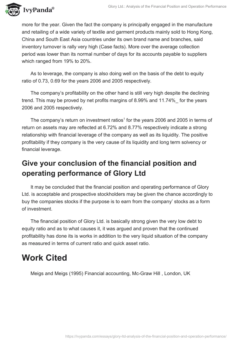 Glory Ltd.: Analysis of the Financial Position and Operation Performance. Page 2
