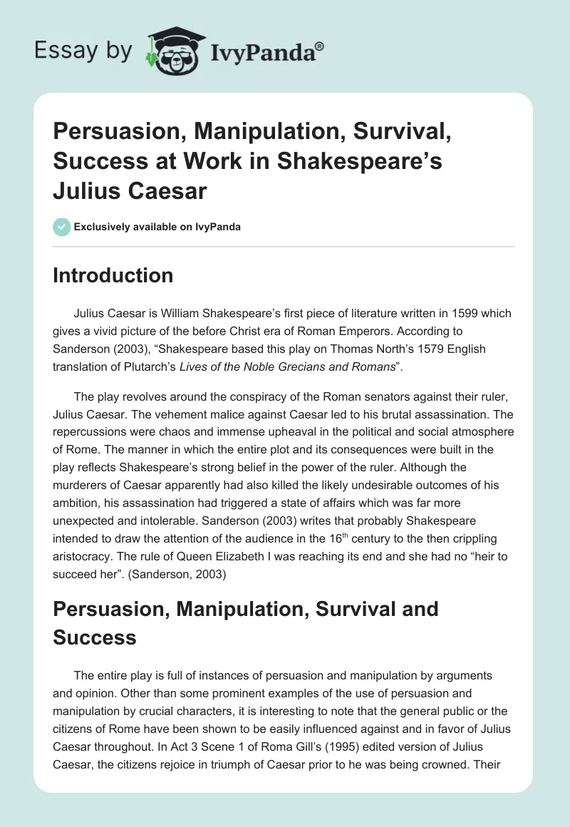 Persuasion, Manipulation, Survival, Success at Work in Shakespeare’s "Julius Caesar". Page 1