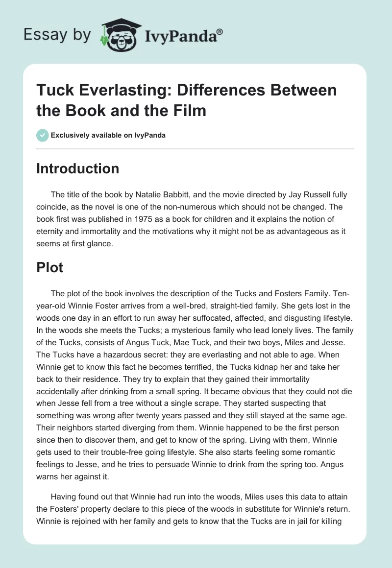 Tuck Everlasting: Differences Between the Book and the Film. Page 1