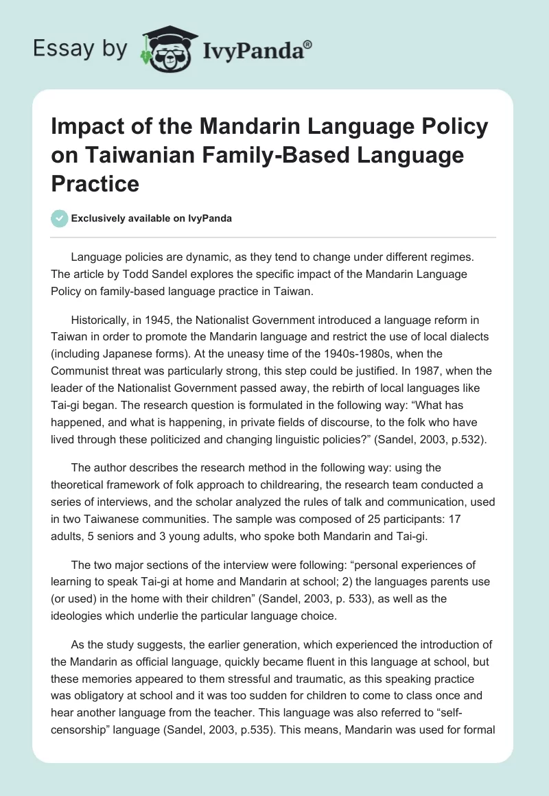 Impact of the Mandarin Language Policy on Taiwanian Family-Based Language Practice. Page 1