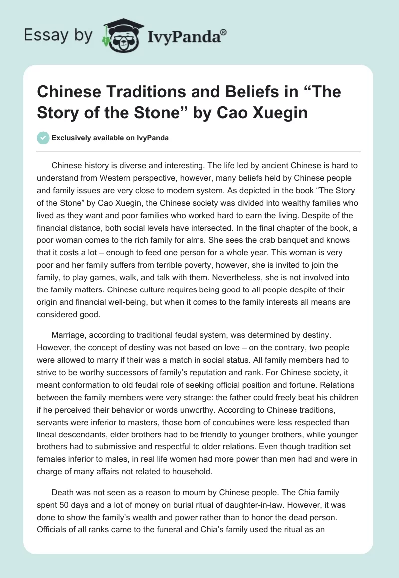 Chinese Traditions and Beliefs in “The Story of the Stone” by Cao Xuegin. Page 1