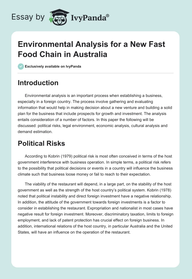Environmental Analysis for a New Fast Food Chain in Australia. Page 1