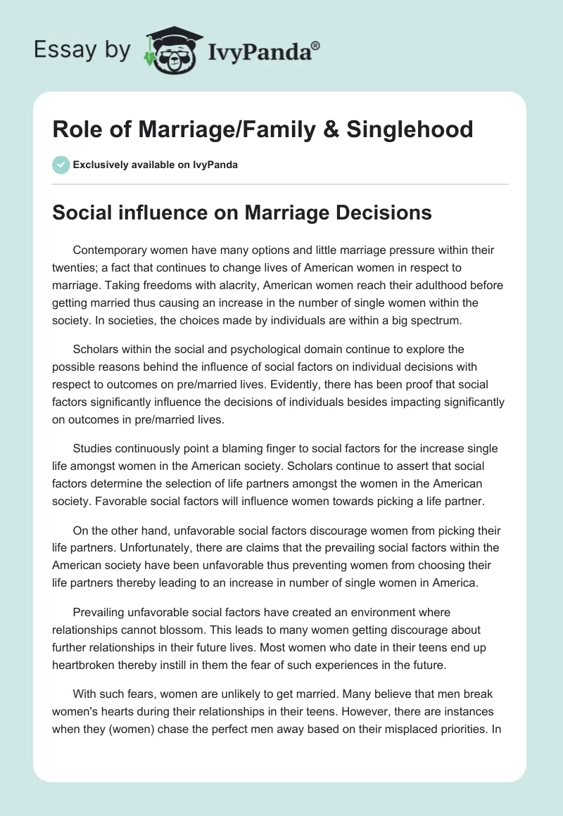 Role of Marriage/Family & Singlehood. Page 1