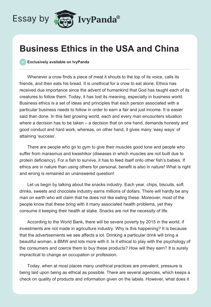 Business Ethics in the USA and China. Page 1