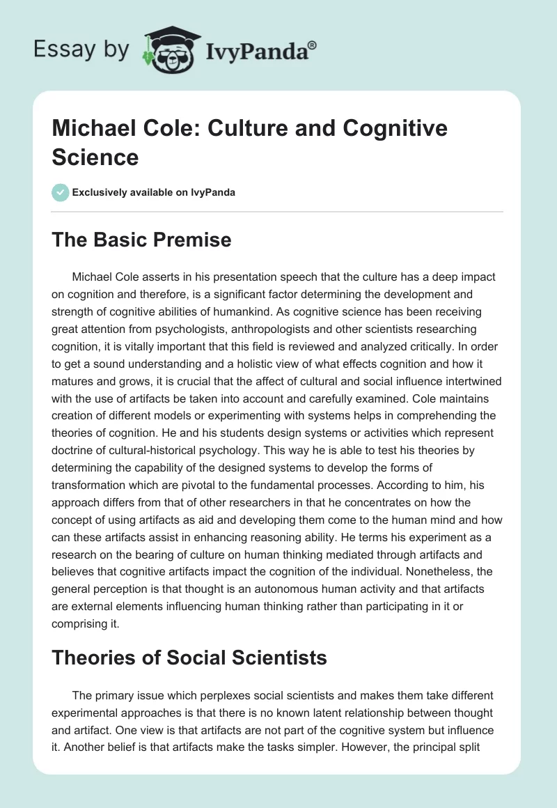 Michael Cole: Culture and Cognitive Science. Page 1