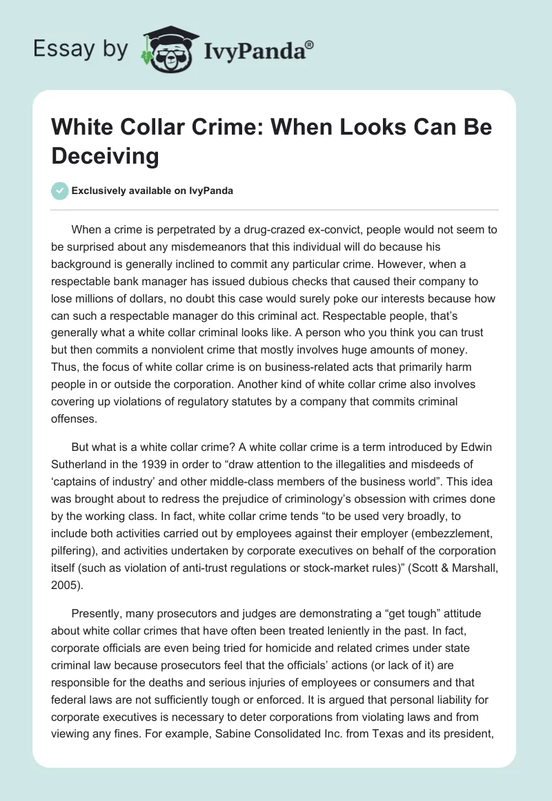 White Collar Crime: When Looks Can Be Deceiving. Page 1