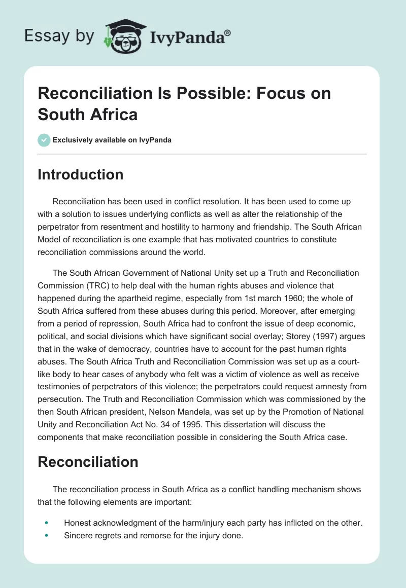 Reconciliation Is Possible: Focus on South Africa. Page 1