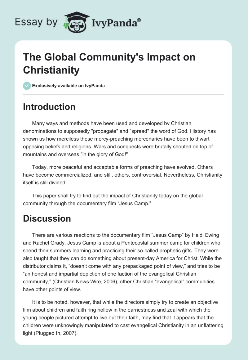 The Global Community's Impact on Christianity. Page 1