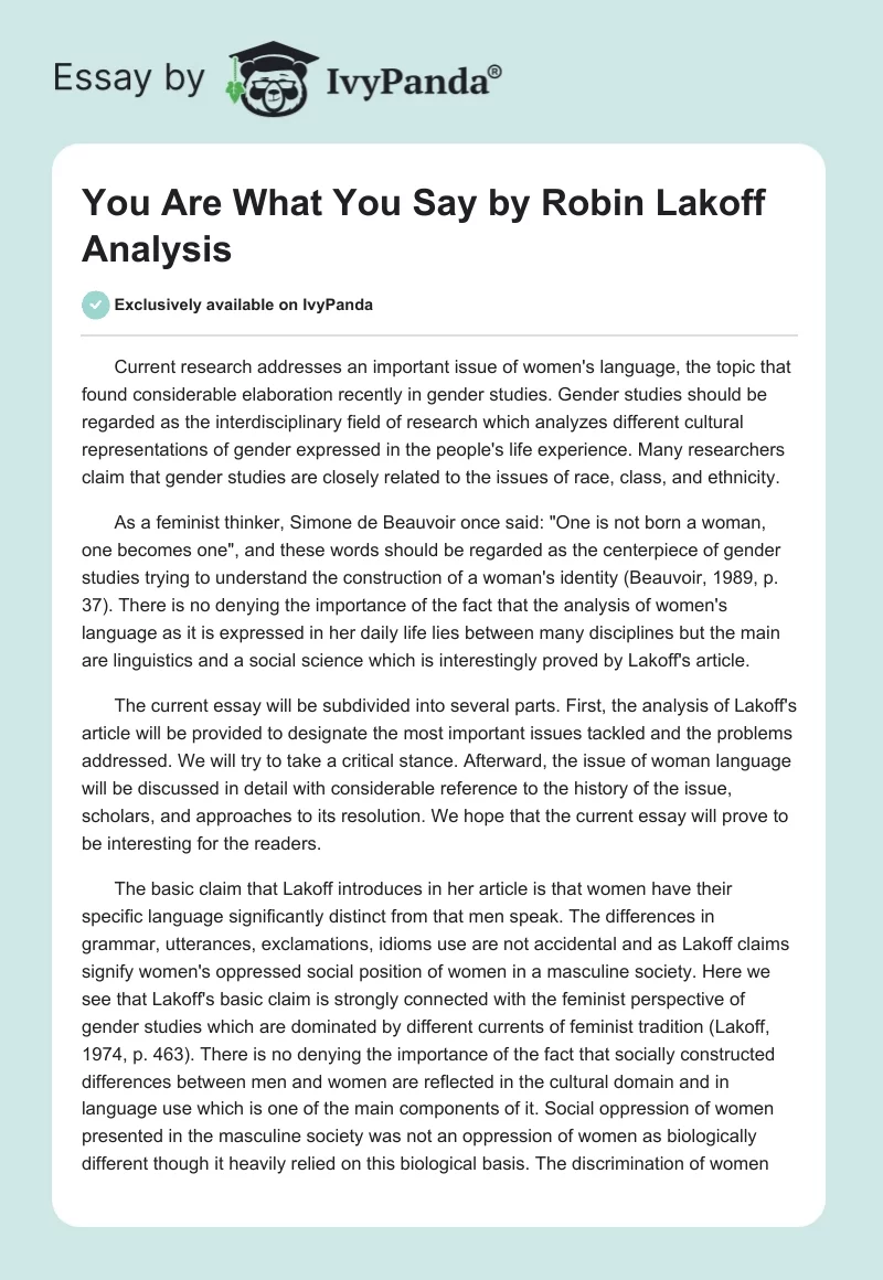 "You Are What You Say" by Robin Lakoff Analysis. Page 1