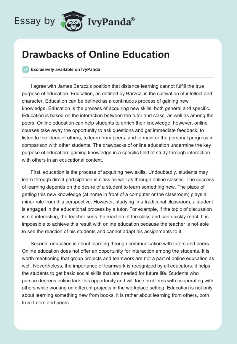 Drawbacks of Online Education. Page 1