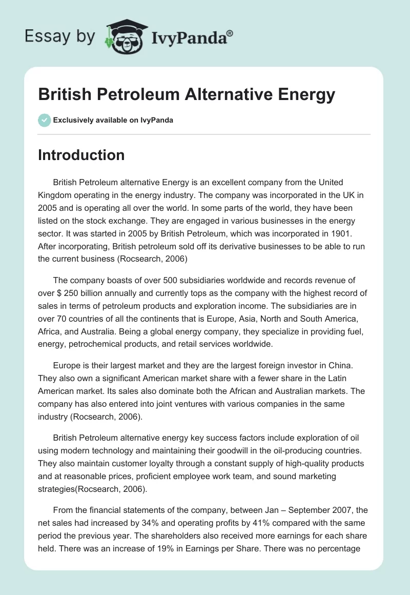 British Petroleum Alternative Energy. Page 1