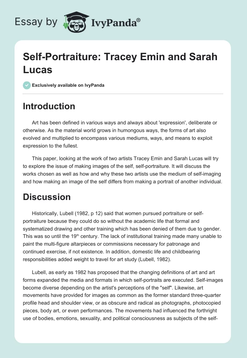Self-Portraiture: Tracey Emin and Sarah Lucas. Page 1