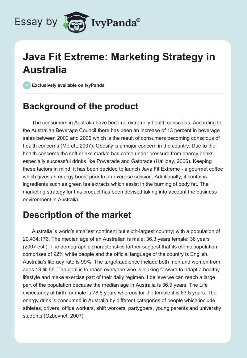 Java Fit Extreme: Marketing Strategy in Australia. Page 1