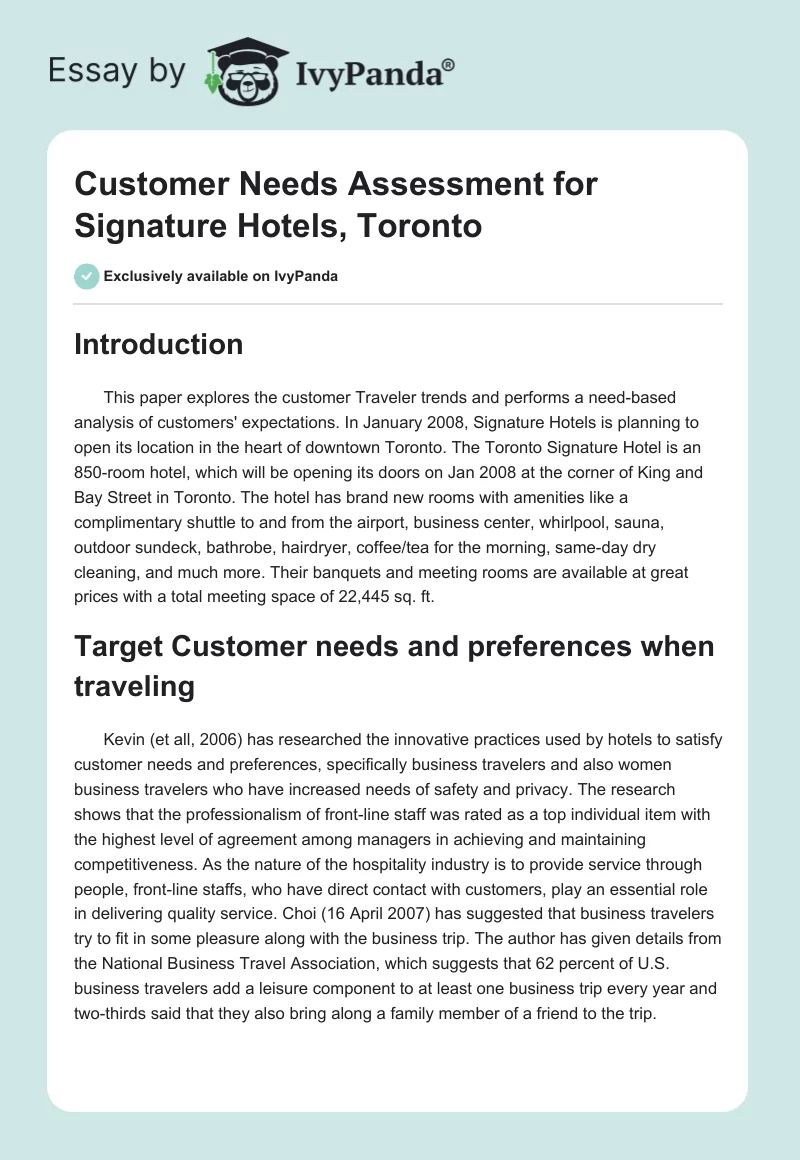 Customer Needs Assessment for Signature Hotels, Toronto. Page 1