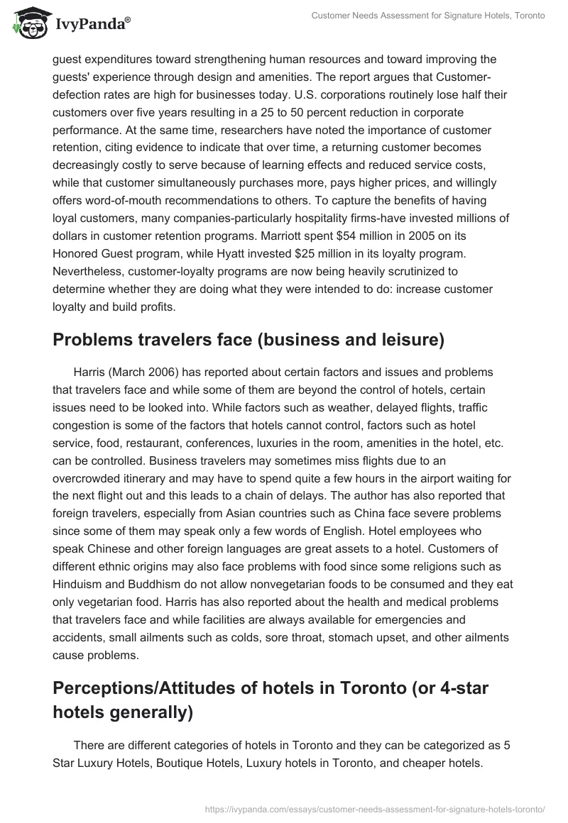 Customer Needs Assessment for Signature Hotels, Toronto. Page 3