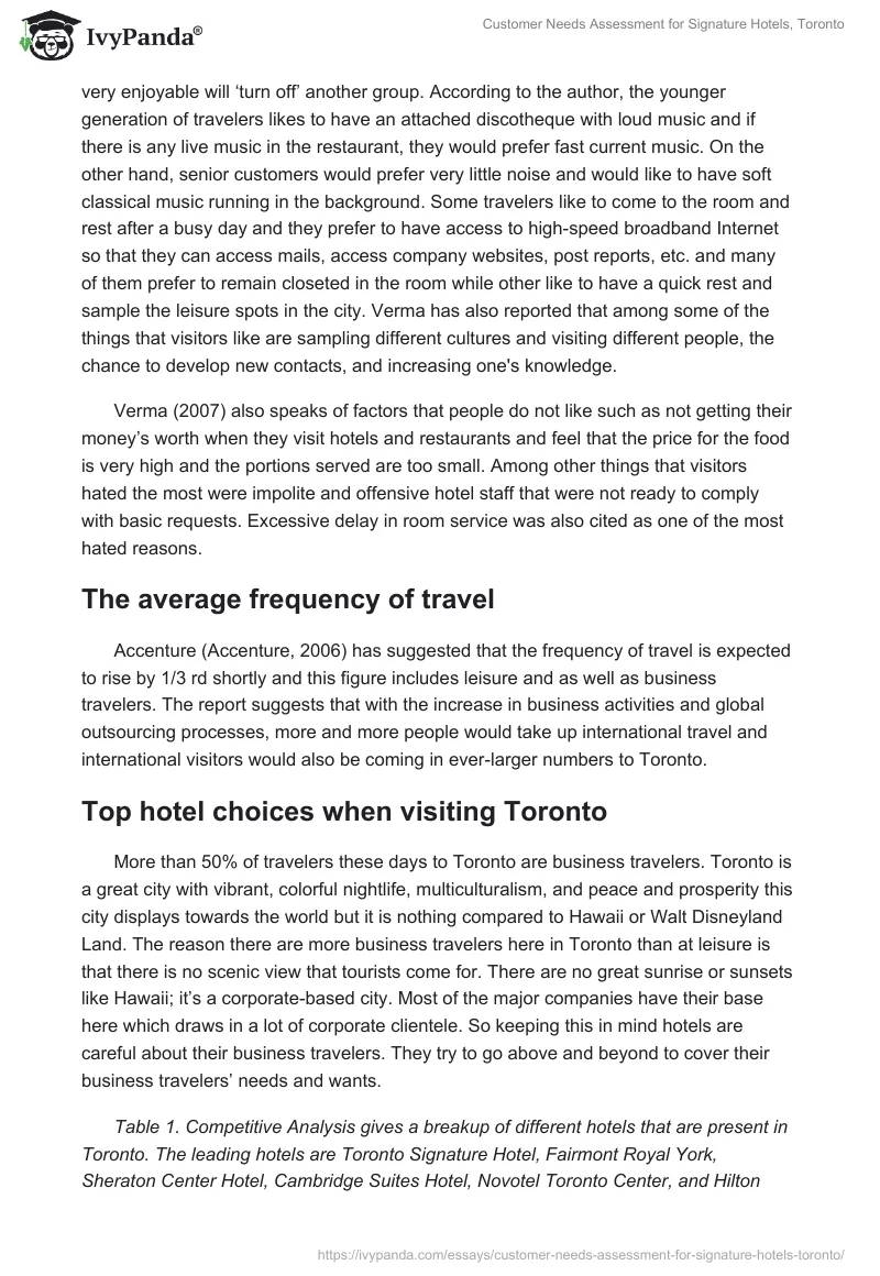 Customer Needs Assessment for Signature Hotels, Toronto. Page 5