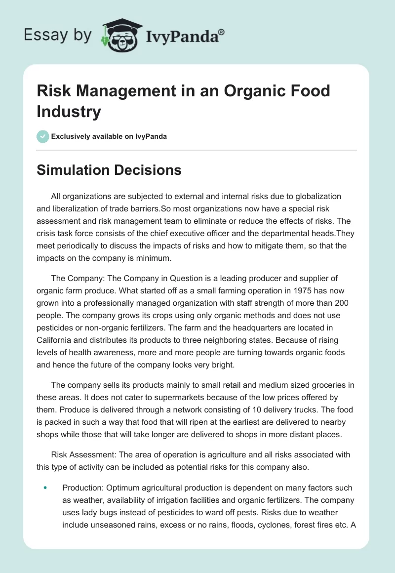 Risk Management in an Organic Food Industry. Page 1