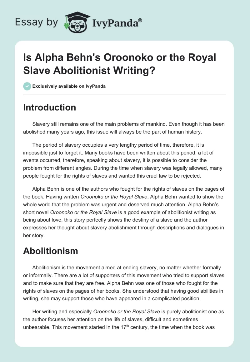 Is Alpha Behn's Oroonoko or the Royal Slave Abolitionist Writing?. Page 1