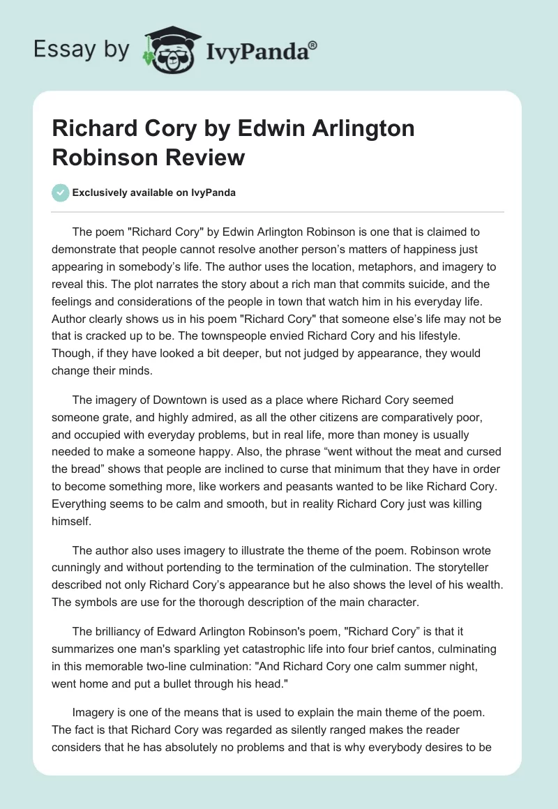 "Richard Cory" by Edwin Arlington Robinson Review. Page 1