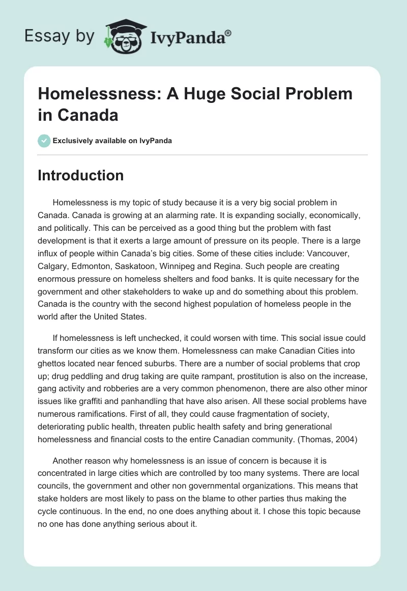 Homelessness: A Huge Social Problem in Canada. Page 1