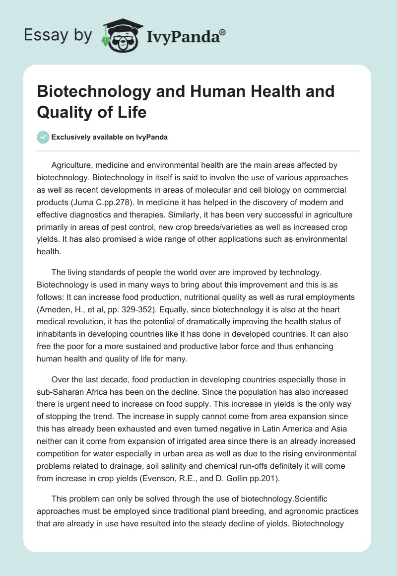 Biotechnology and Human Health and Quality of Life. Page 1