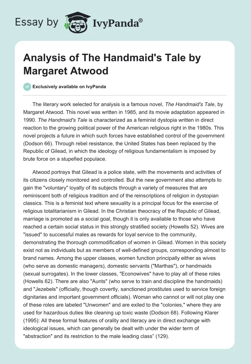 Analysis of The Handmaid's Tale by Margaret Atwood. Page 1