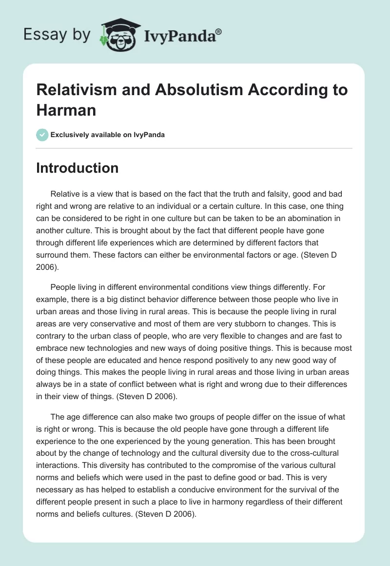 Relativism and Absolutism According to Harman. Page 1