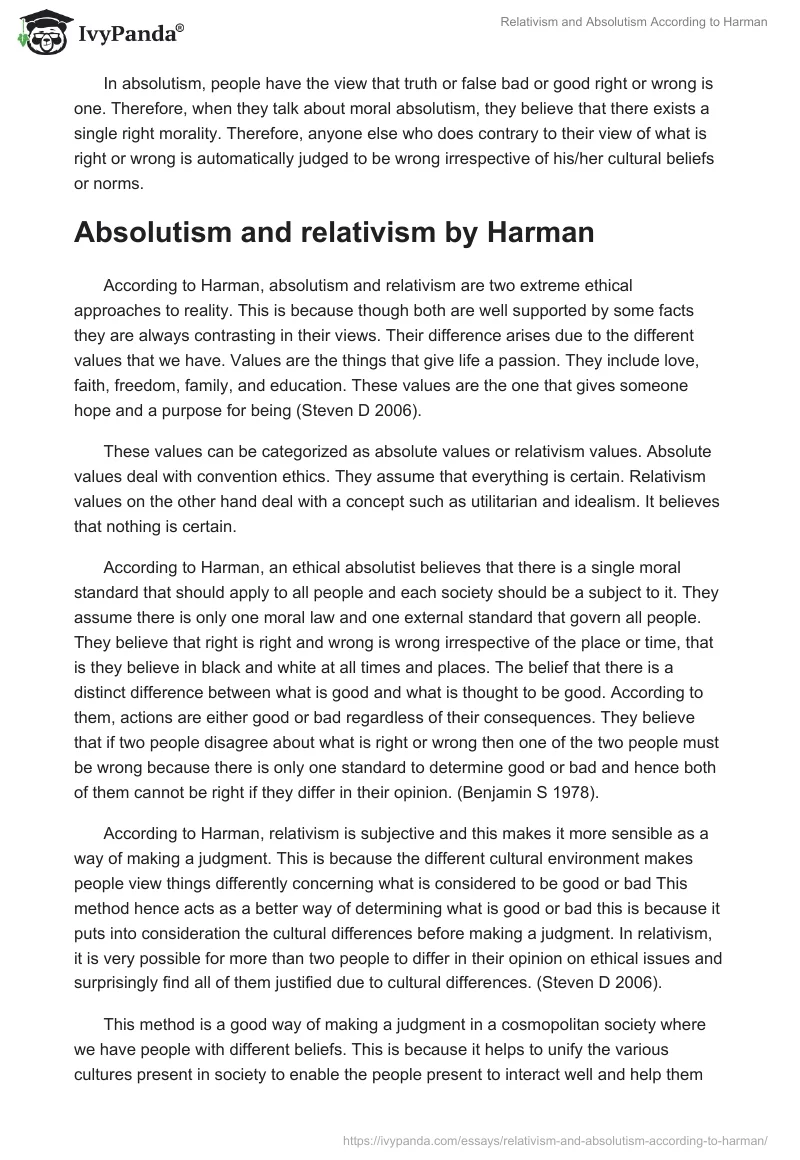 Relativism and Absolutism According to Harman. Page 2