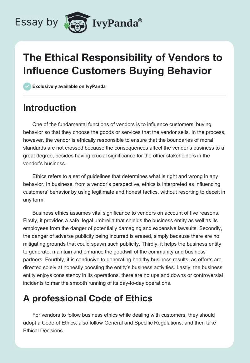 The Ethical Responsibility of Vendors to Influence Customers Buying Behavior. Page 1