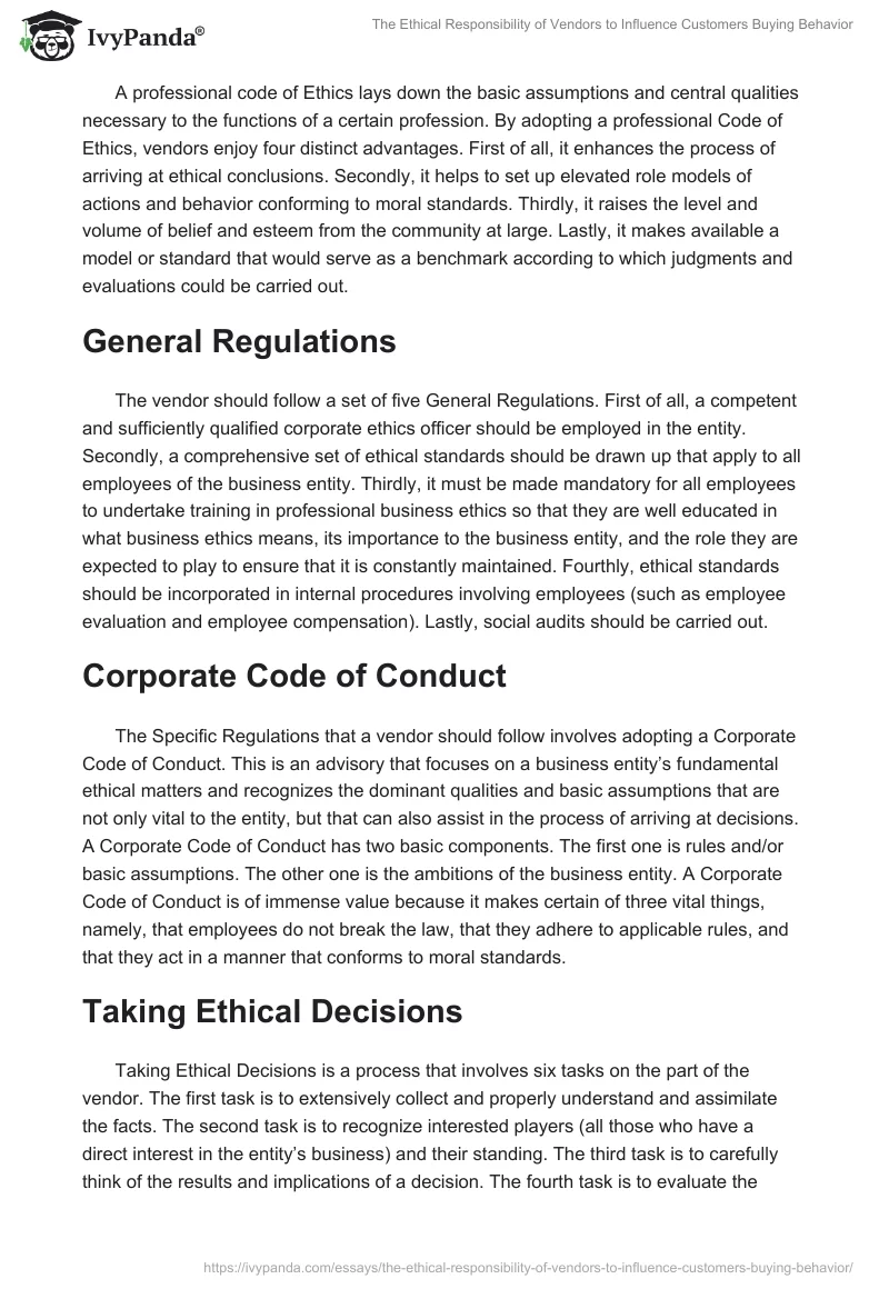 The Ethical Responsibility of Vendors to Influence Customers Buying Behavior. Page 2