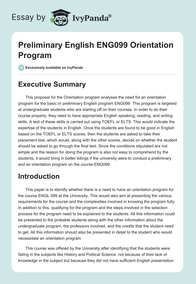 Preliminary English "ENG099" Orientation Program. Page 1