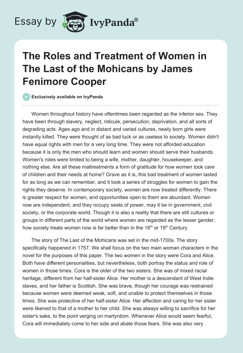 The Roles and Treatment of Women in "The Last of the Mohicans" by James Fenimore Cooper. Page 1