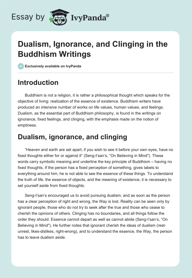 Dualism, Ignorance, and Clinging in the Buddhism Writings. Page 1
