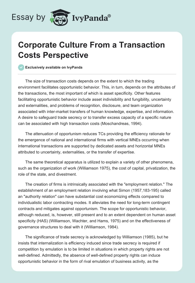 Corporate Culture From a Transaction Costs Perspective. Page 1