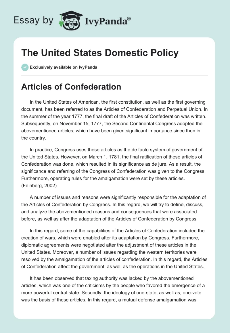 The United States Domestic Policy. Page 1