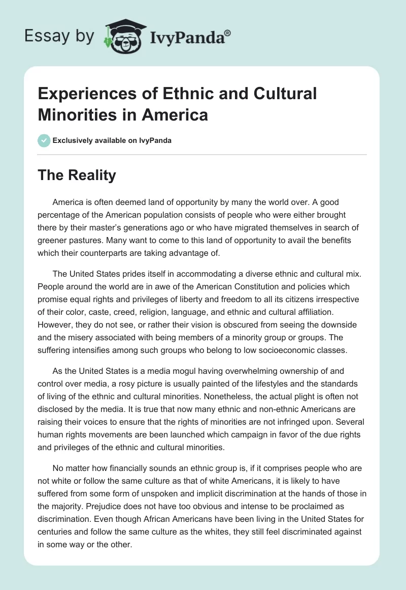 Experiences of Ethnic and Cultural Minorities in America. Page 1