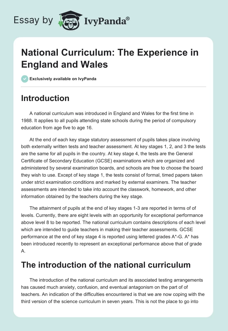 National Curriculum: The Experience in England and Wales. Page 1